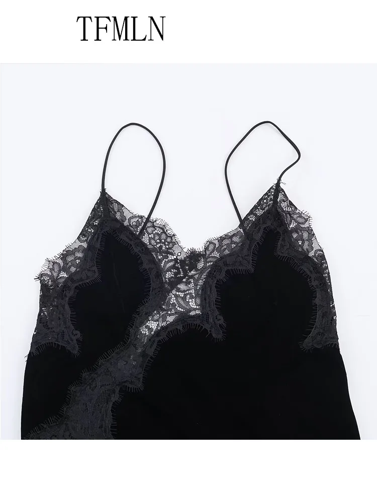 Elegant Women Velvet Patchwork Asymmetrical Dresses 2026 Spring Sexy Chic V-neck Sleeveless Lace Backless Party Strap Dress