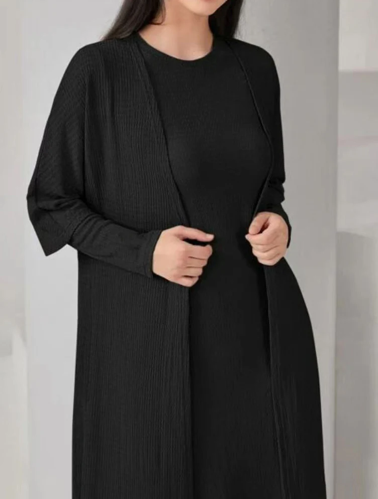Ramadan Middle East Muslim kebaya Two-piece Set, Half Sleeve Open Front Cardigan & Long Sleeve Crew Neck Trumpet Dress Outfits