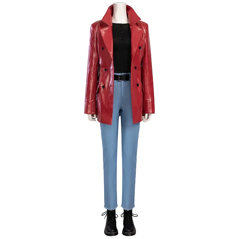 

Костюм для косплея из фильма мадам веб героин Кейти красная кожаная куртка синие джинсы черная футболка пояс женский костюм