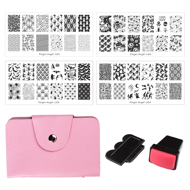 

Halloween Nail Art Stamping Plate Set Skull Pumpkin Nail Template Stencil Nail Art Stamp Templates +Stamper+Pink Holder Bag