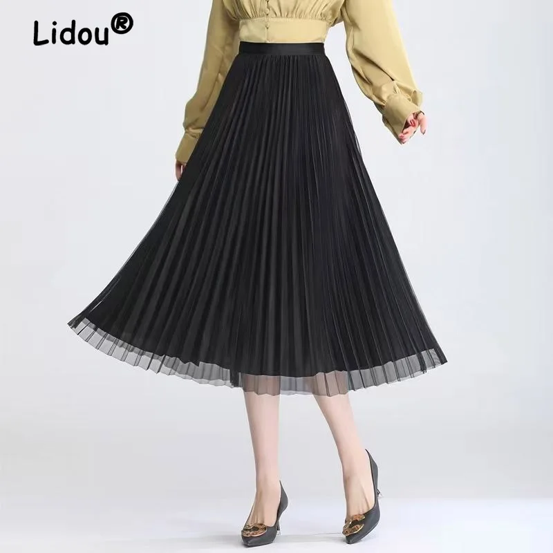 New Fashion Solid Color Thin Sagging Sensation Pleated Skirt Women Two Layers Gauze Mesh High Classic Temperament Lady Skirt fashion chain waist belt for women elastic stretch silver gold belt skinny metal thin lady dress belt waistband elastische riem