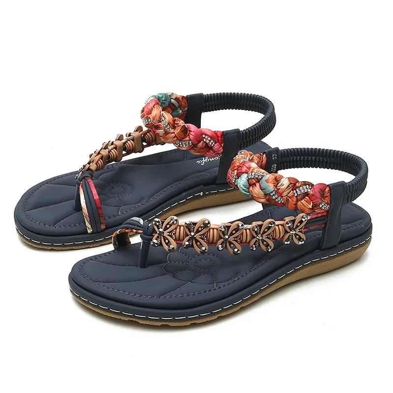 2024 New Boho Plus Size Flat Rhinestone Sequin Braided Sandals Open Toe Beach Sandals Women Shoes