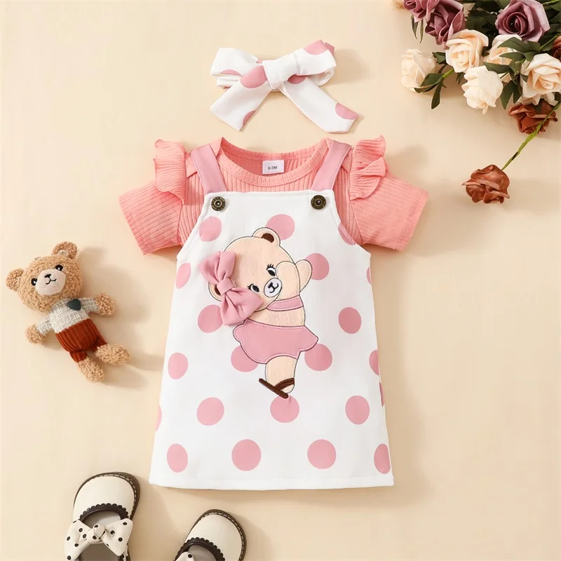 

Infant Baby Girl Clothes Short Sleeve Ribbed Romper Bear Overall Dress Suspender Skirt Set Spring Summer Outfit