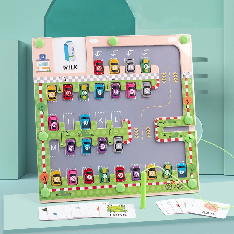 Montessori Alphabet Matching Game Magnetic Parking Lot Maze 26 Letters Cars Puzzle For Kids