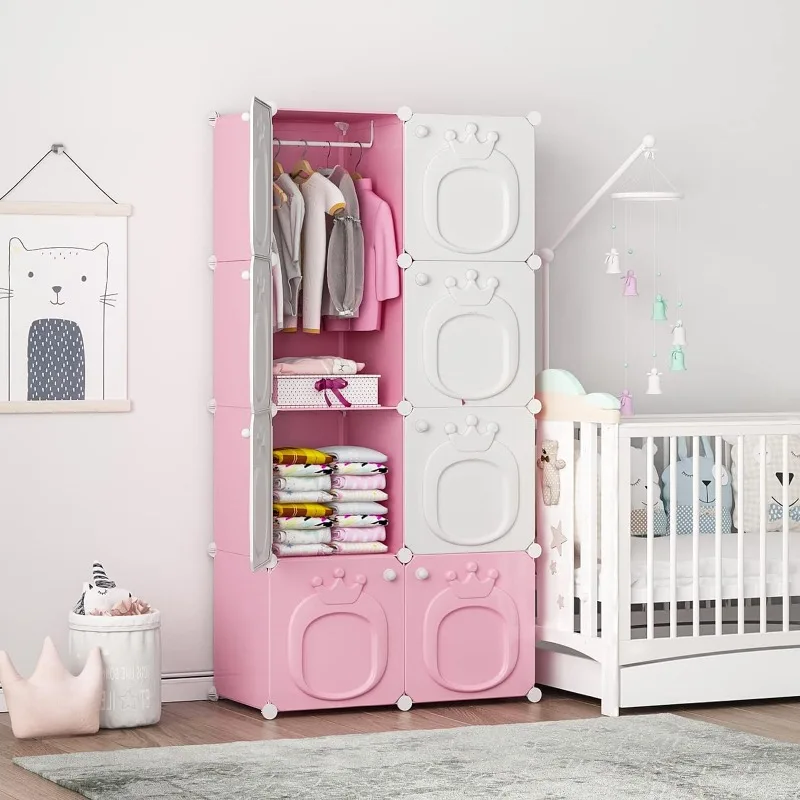 Kids Wardrobe Closet Baby Girl Closet Cabinet with Door Open Hanging Children Costume Area and 6 Cube Storage