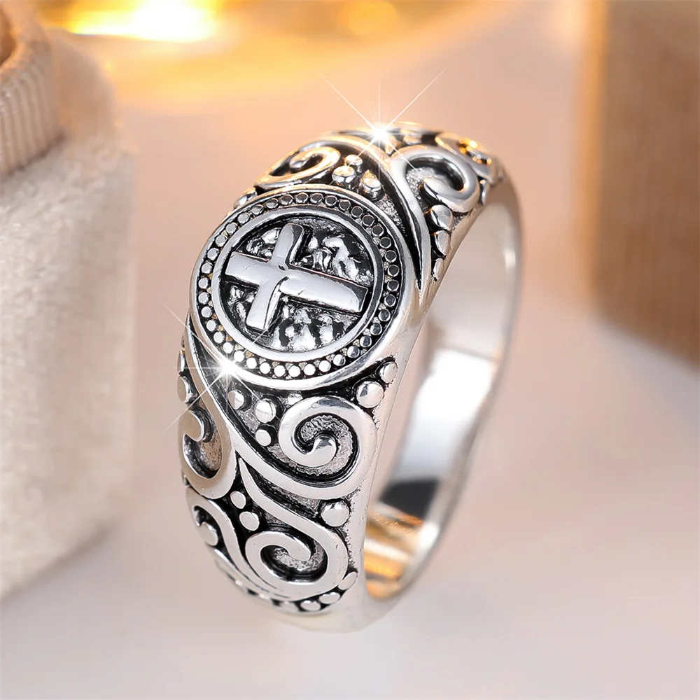 Male Female Classic Cross Vintage Flower Pattern Rings For Women Man Antique Silver Color Engagement Bands Wedding Jewelry Gift