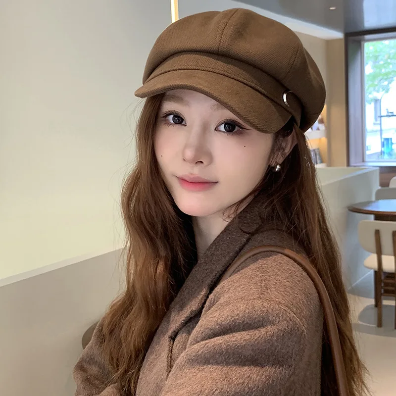 

Autumn and winter small label octagonal hat woman pure color simple temperament cap British style literary retro beret