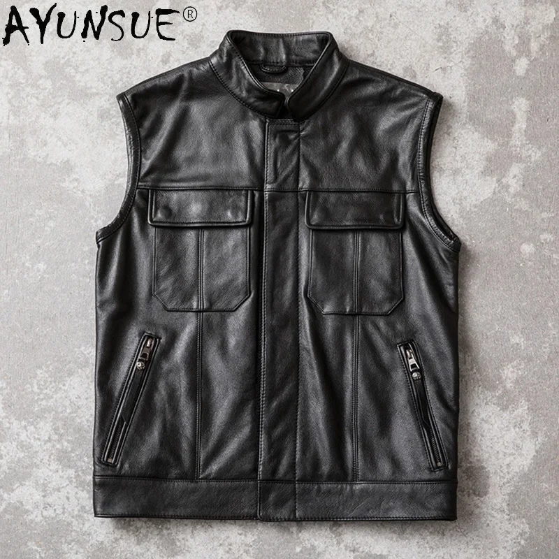 

AYUNSUE Men Jacket New 2020 Mens Clothing Real Cow Leather Vest Autumn Men's Jackets Motocycle Vests Male Hommes Veste LXR387