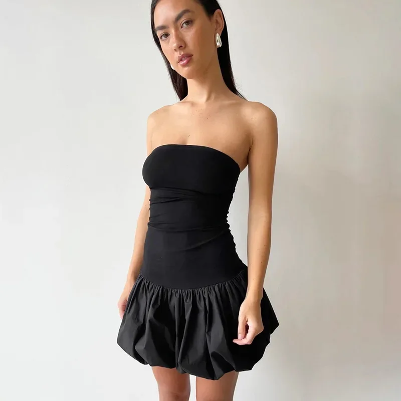 Summer Fashion Ruffled Mini Dress For Women Contrast High Waist Bandeau Patchwork Backless Dress Female Sexy Mini Dress
