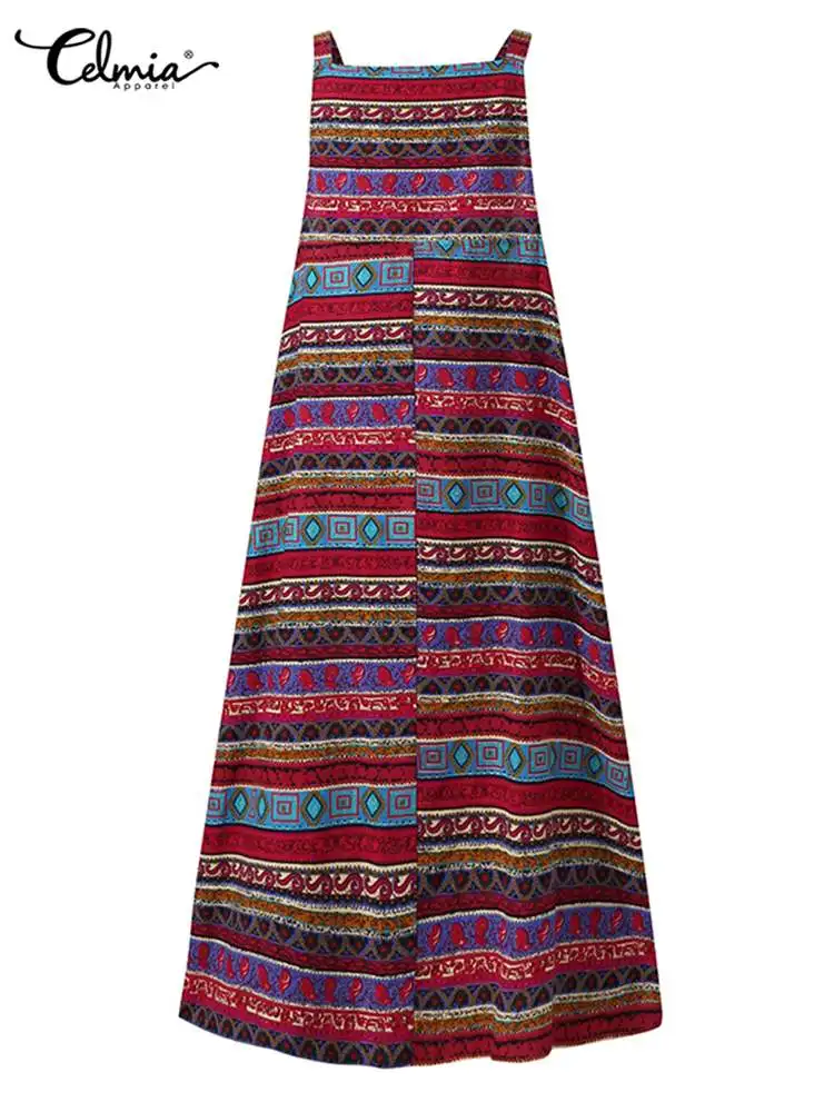 Summer Apron Dress 2023 Celmia Vintage Women Maxi Sundress Bohemian  Sleeveless Casual Printed Overalls Kaftan Suspender Vestidos - AliExpress