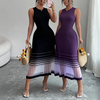 Women's Purple Ombre Sleeveless Crew Neck Mesh Elastic Knit Midi Dress with Sheer Hem Casual Summer Beach Vacation Party Dress 1