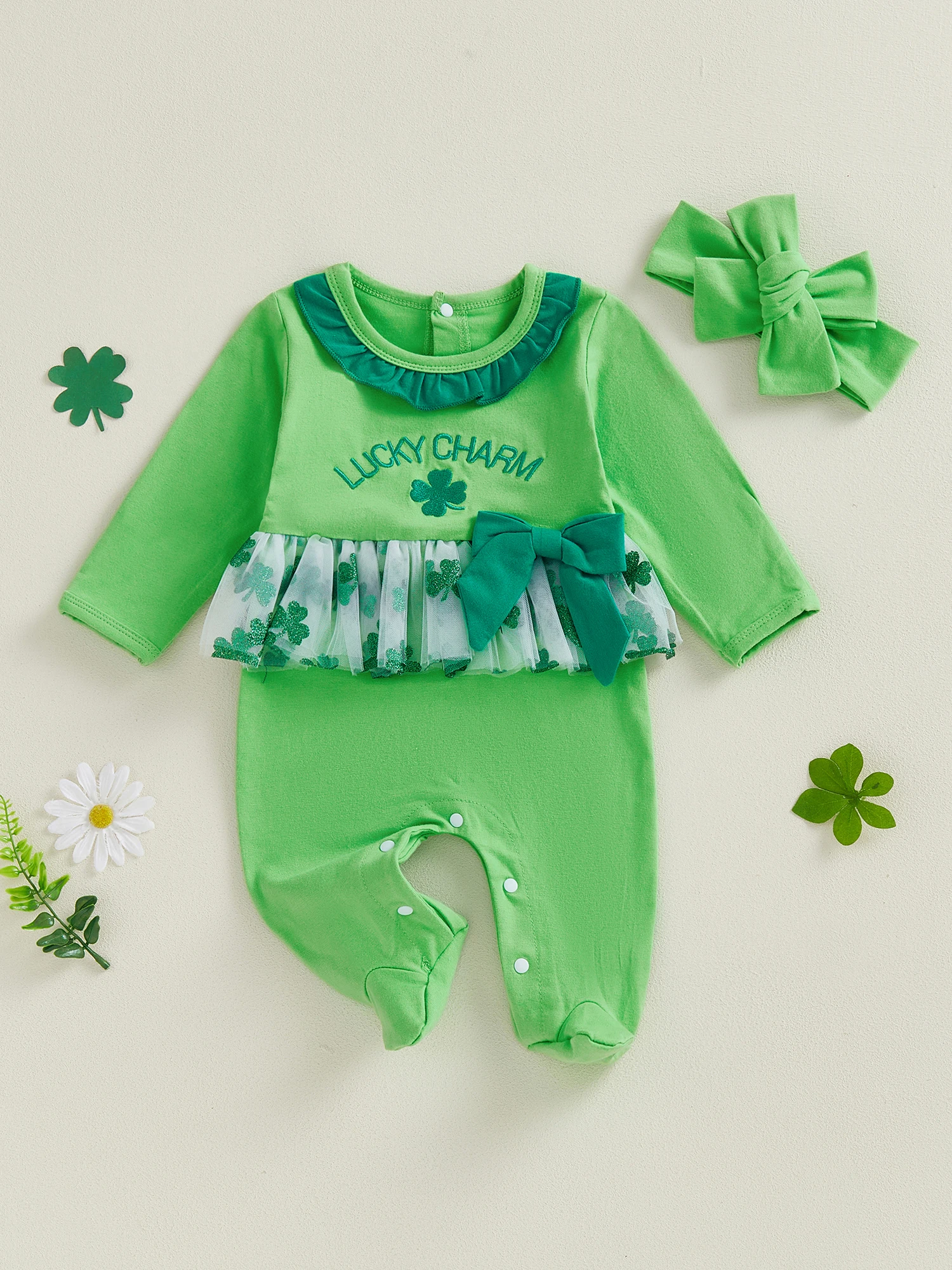 St Patrick s Day Baby Girl Green Shamrock Print Long Sleeve Ruffled Collar Romper Footed Jumpsuit with Clover Embroidery