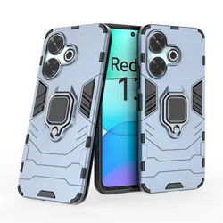 Durable Armor Phone Case with Finger Ring Holder Stand and Magnetic Bumper for Poco M6 4G (Navy Blue)