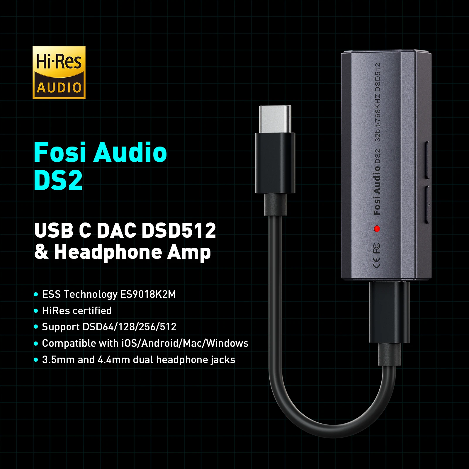 Fosi Audio DS2 DS512 HiFi DAC Headphone Amplifier Mini Audio USB DAC Amp Support 32bit/768kHz 3.5MM 4.4MM Dual Outputs