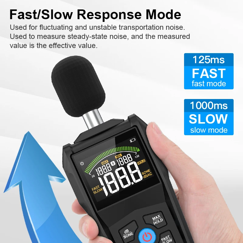 MESTEK Bluetooth Noise Sound Level Meter Color Display Fast Slow Sampling Rate Capacitive Microphone Monitor 30-130dB Backlight 5