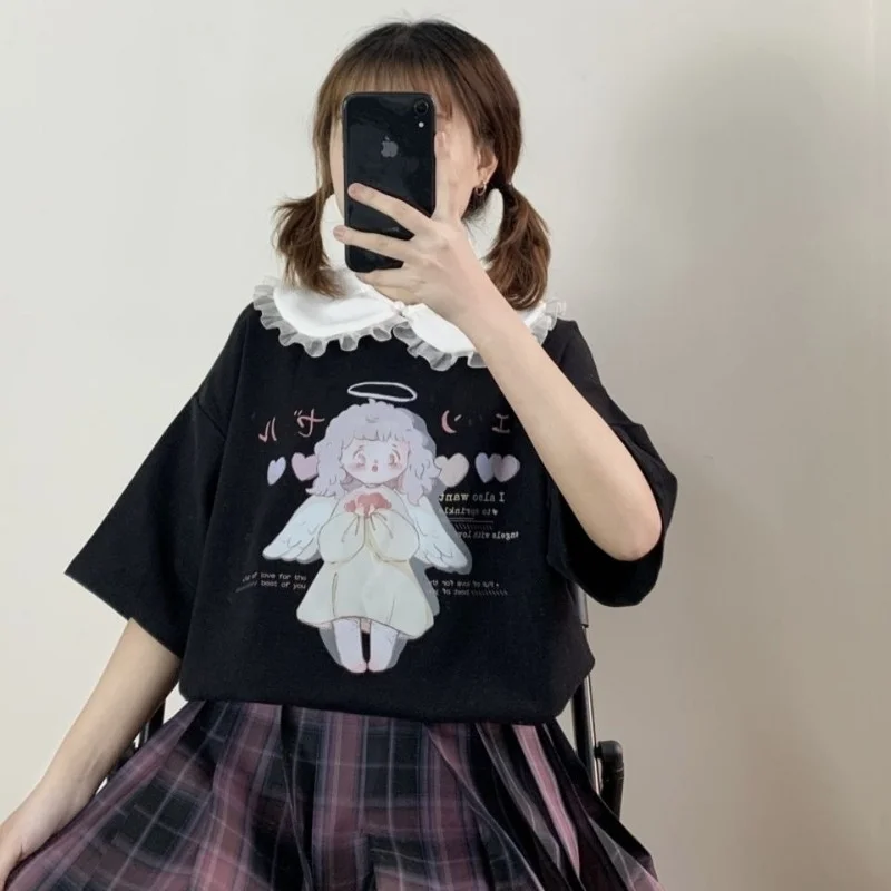 MINGLIUSILI Kawaii Angel Print T Shirt Women 2022 Korean Fashion Tee Shirt Femme Short Sleeve Cute Casual Loose Black Tops custom t shirts Tees