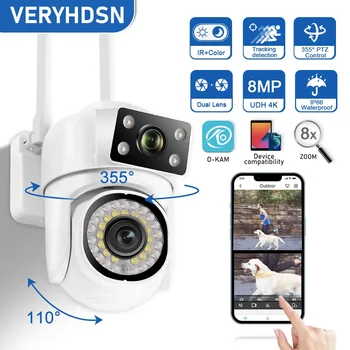 VERYHDSN 듀얼 렌즈 PTZ 와이파이 카메라, 인간 감지 추적, 야외 CCTV 보안 방수 감시 카메라, 야간 투시경, 8MP