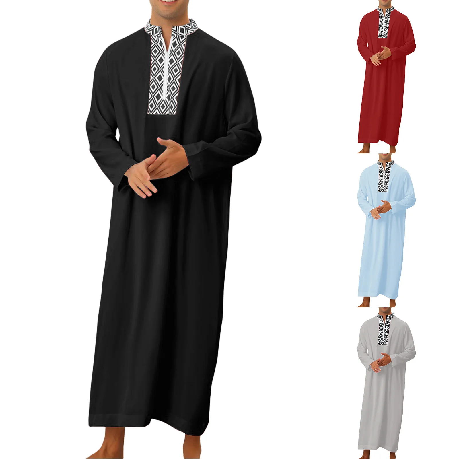 

2024 Men Muslim Summer Fashion Loose Robe Islam Kaftan Men Clothing Dubai Luxury Muslim Abaya Muslim V-neck Short Sleeve