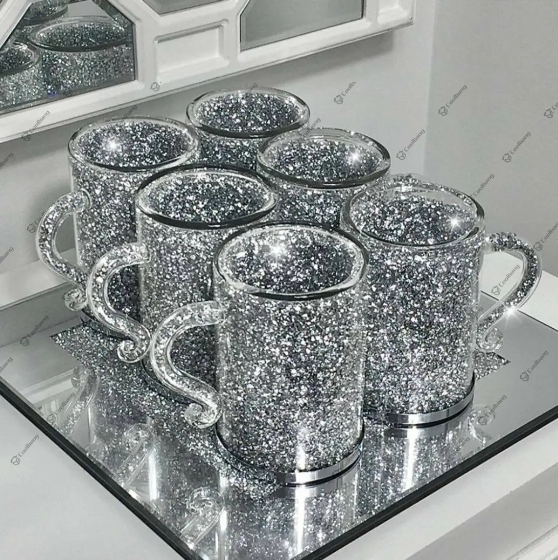 Silver Glass Crushed Diamond Small Tea Cup and Saucer Set Kitchen Turkish  Coffee Mug