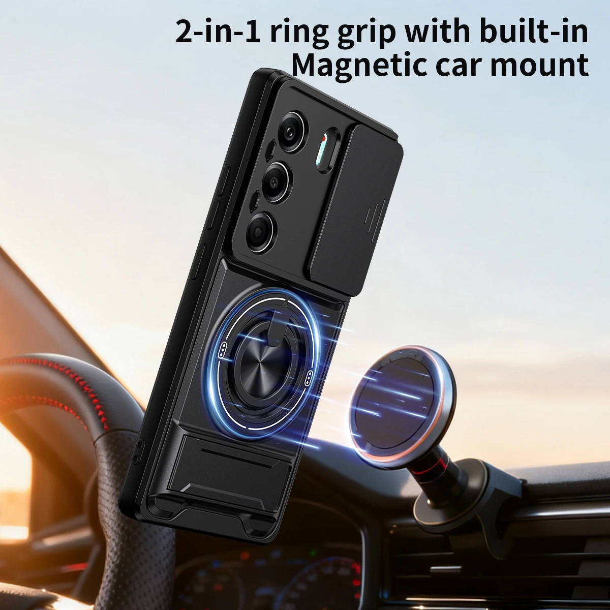 Armor Shockproof Phone Case with Sliding Camera Cap and Built-in Kickstand
