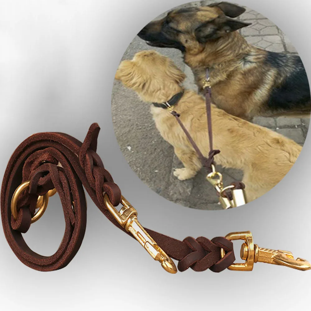 Real Leather Double Dog Leash No Tangle Dual Dog Leashes Pet