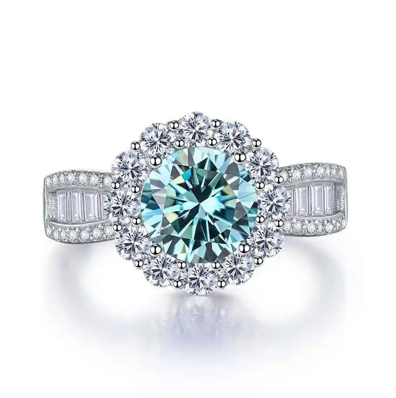 Elegant Round 2 Carat Pink Royal Blue Moissanite Sterling Silver Engagement Ring