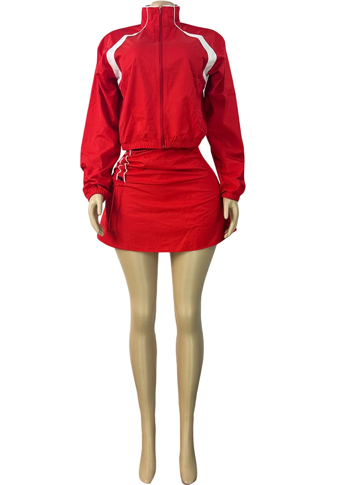 Beyprern Red Sporty 2 Piece Set Women 2026 New Casual Zip Up Jacket and Mini Skirt Matching Set Streetwear Athleisure Outfits 4