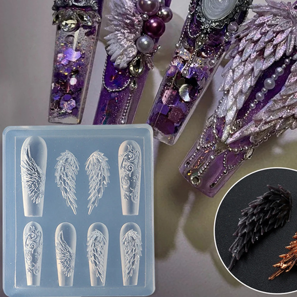 3D 천사 날개 네일 아트 실리콘 몰드 8가지 디자인 깃털 날개 네일 참 몰드 용품 UV 젤 아크릴 레진 재사용 가능 DIY 도구