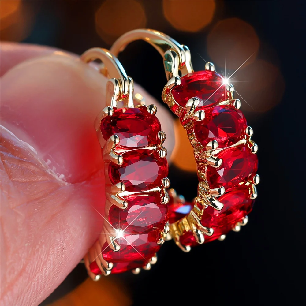 Trendy Crystal Red Zircon Stone Hoop Earrings For Women Vintage Gold Color Wedding Jewelry