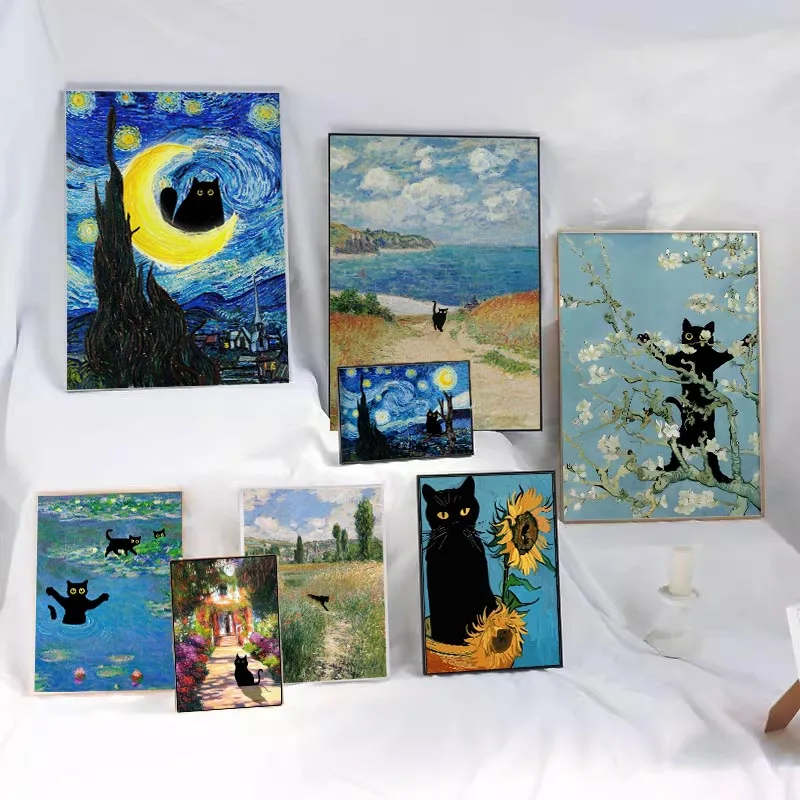 Whimsical Black Cat Starry Night Canvas Art - Abstract Aesthetic Home Decor