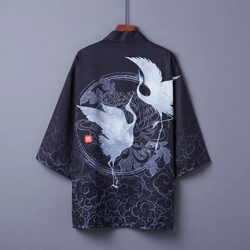 

Japanese Kimono Traditional Clothing Crane Print Kimono Streetwear Shirt Women Samurai Haori Hombre Yukata Cardigan Shirt