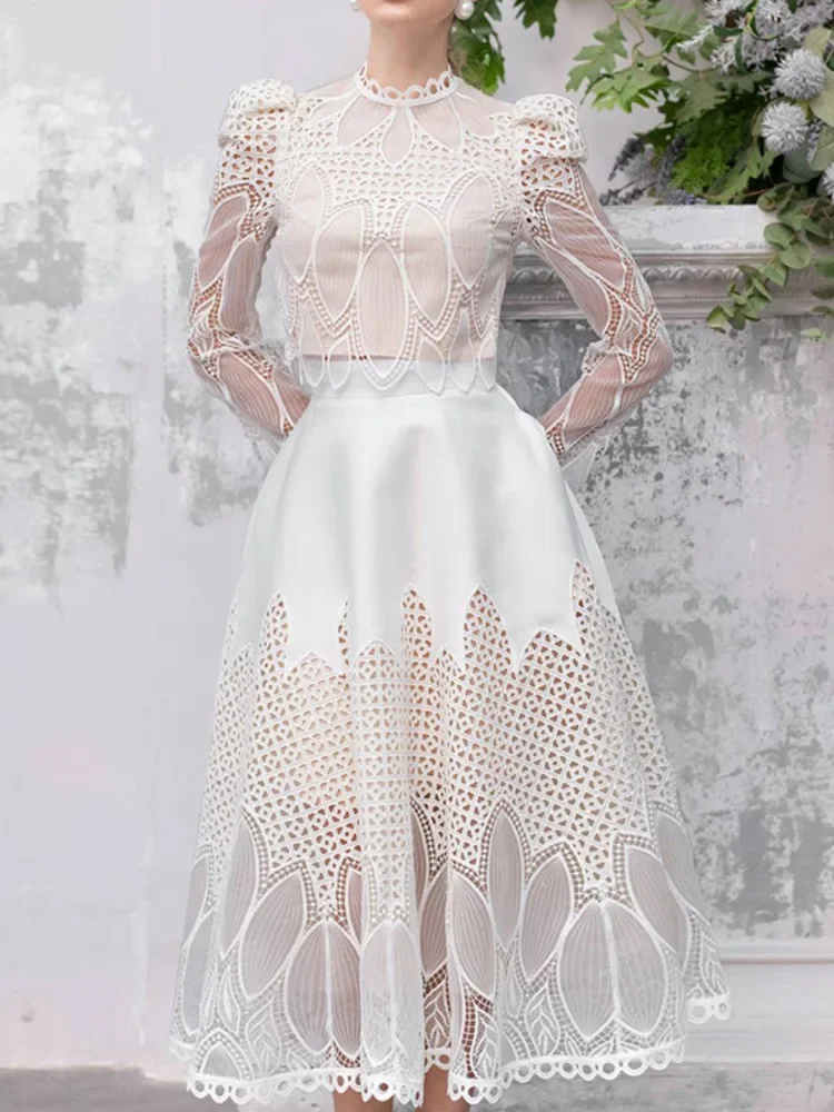 Hollow Out Classic Women's Two Piece Sets Stand Neck Top High Waist Bud Skirt Vintage Style New Summer 2024 SU-D080