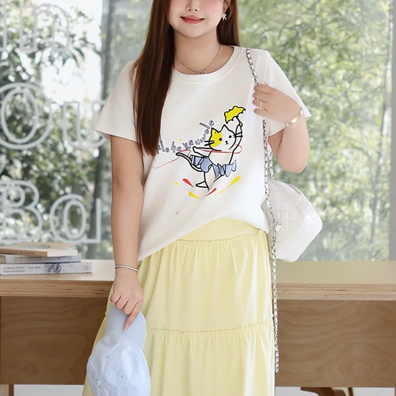 Women's Plus Size Black French Fries Cat Print Hawaiian Casual T-Shirt Premium Summer Top In Soft Peruvian Cotton