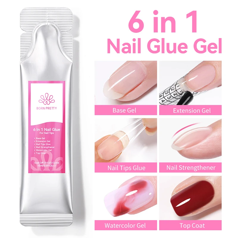 BORN PRETTY 15 g 6 IN 1 Nagel-UV-Gel-Nagellack, nachgefülltes Paket, Verlängerung, Gebäude-Nagelgel, Gummibasis, semi-permanentes Nagelkunstgel