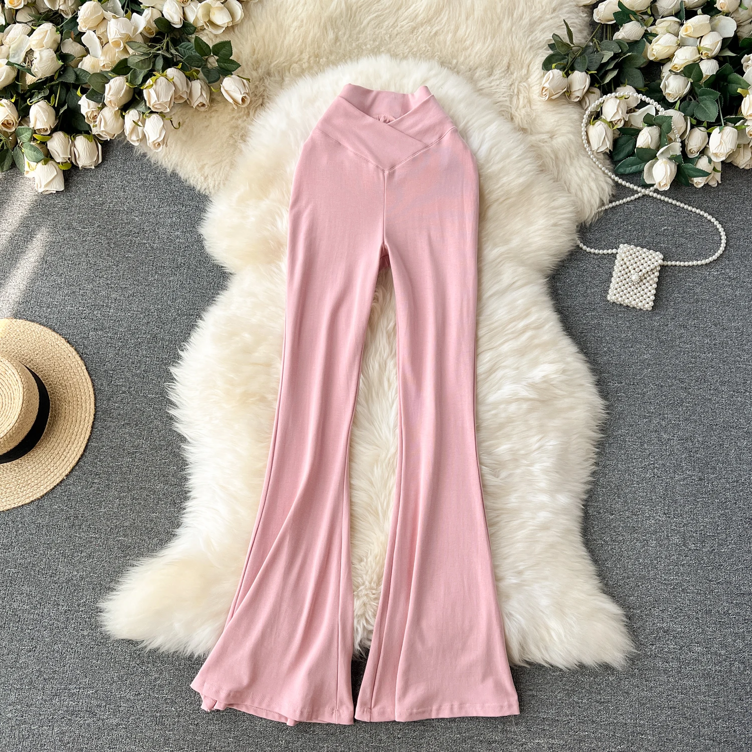 Women Solid High Waist Flare Pants Wide Leg Korean Fashion Elegant Casual Vintage Autumn Streetwear Clothing