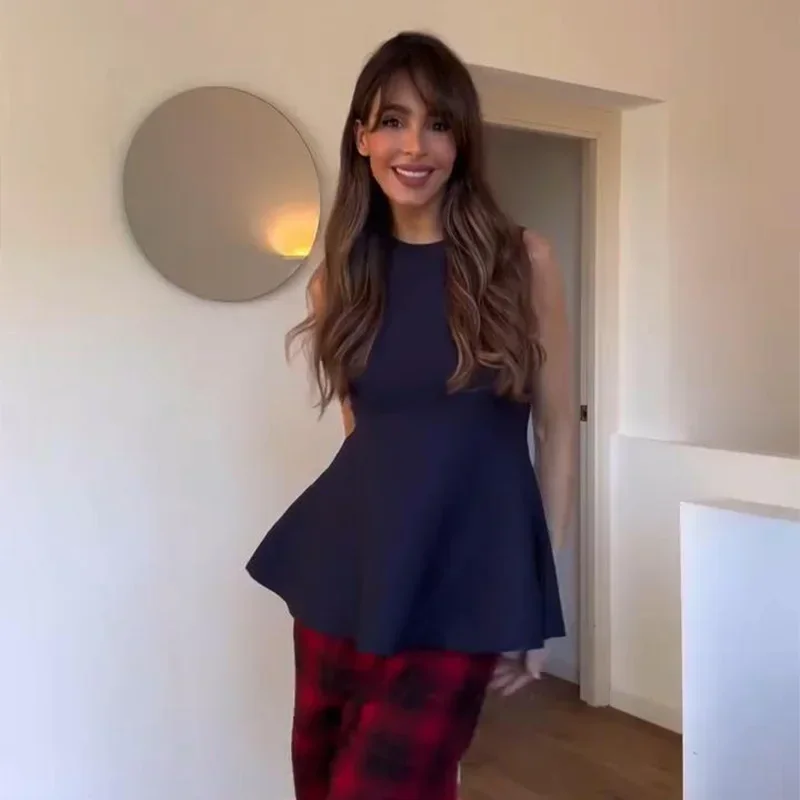 Conjunto elegante de dos piezas de pantalón de punto con cuello redondo, sin mangas, con volantes en los bajos, cintura alta, elástico, para dama, nuevo en trajes a juego.