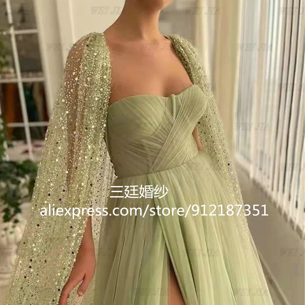 Matcha Green Prom Dresses Sequins Shawl Side Slit A Line Tulle Robe De  Soire Floor Length Vestidos De Fiesta Elegantes Color Blue US Size 2