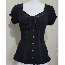 Vintage Black Fashion Bow Blouse - Elegant Chic Short Sleeve Square Neck Top - XXXL (Black)
