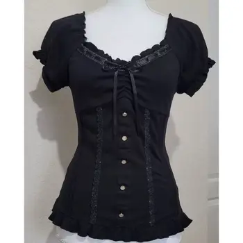 Vintage Black Fashion Bow Sweet Blouse Women Short Sleeve Square Neck Slim Chic Tops New Elegant Casual Y2K Retro Outfits 2025 1