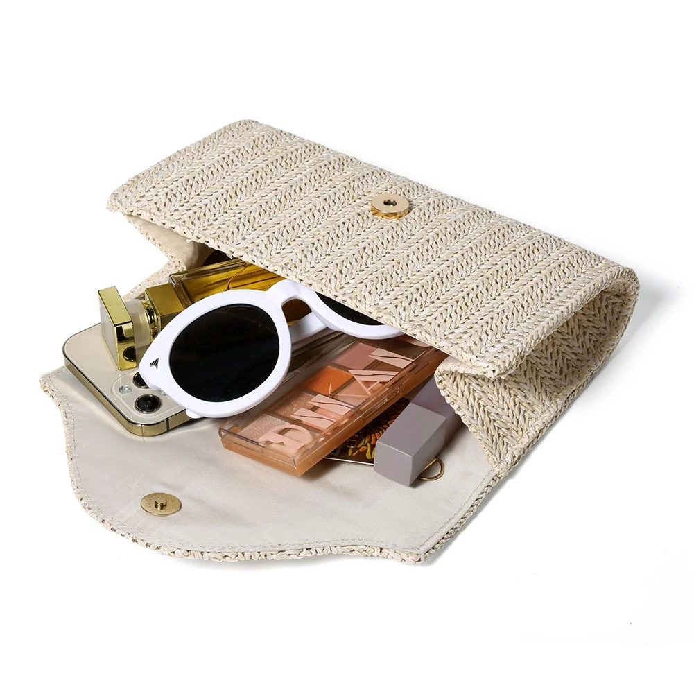 Luxury Evening Raffia Straw Clutch Purses for Women Summer Pearl Evening Handbags Woven Envelope Shoulder Bag for Beach 2024 New