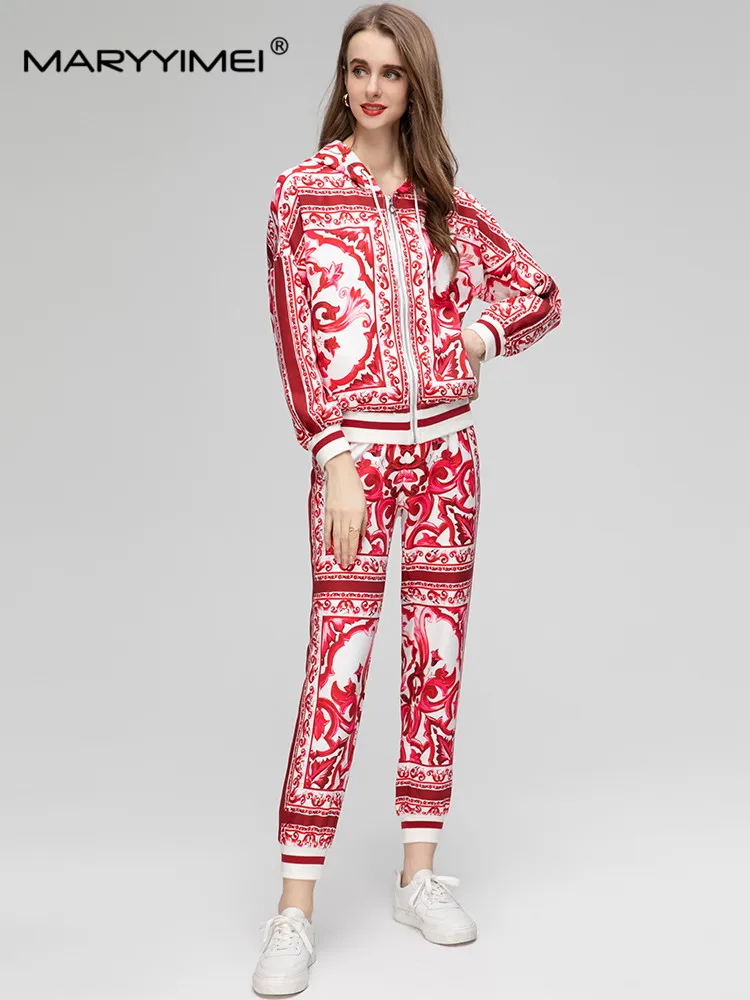 

MARYYIMEI Autumn Winter Women's Sporty Suit Long sleeved Hooded COAT TOP+Trousers Leisure Sports Print Two-piece set