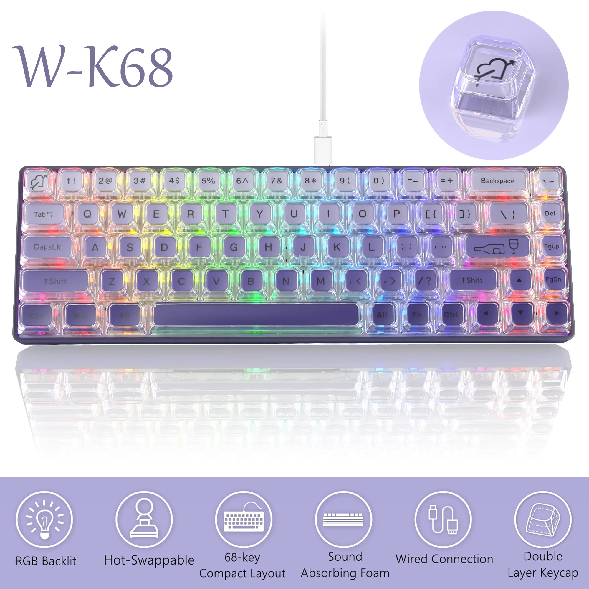 

Womier WK68 Gamer Keyboard Hot-Swappable Mechanical Keyboard 68 Keys Gradient Purple Mini RGB Keyboard with Arrow Keys/Software