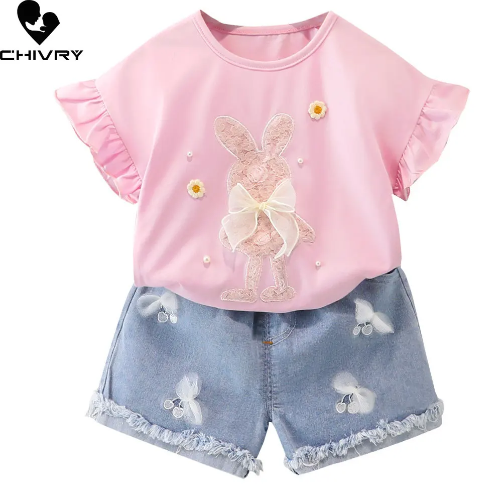

Girls Summer Clothing Suit New Baby Girl Sweet Rabbit Bowknot Short Sleeve Ruffles T-shirt Tops with Denim Shorts Clothes Sets
