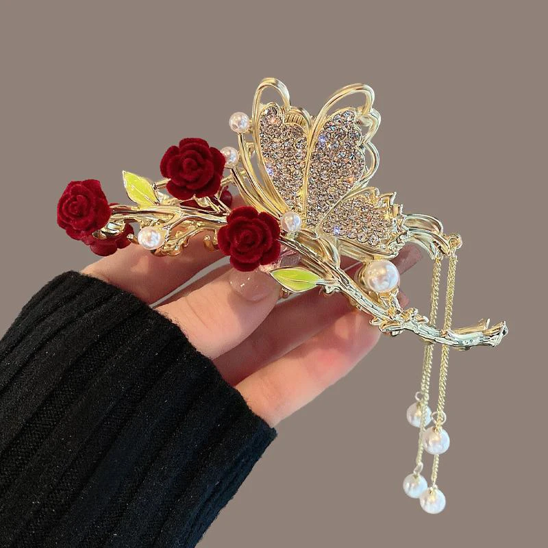 

Roses Flower Pearl Tassel Hair Claws Rhinestone Metal Hair Clip Shark Clips Vintage Ponytail Hairpins Fashion Hair Accessories