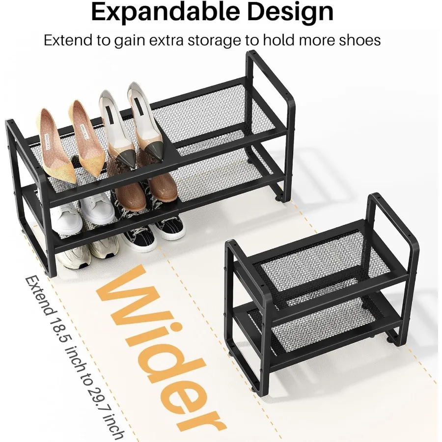 Shoe Rack Expandable Shoe Organizer for Closet Adjustable Metal Shoe Shelf Storage 2 Tier Stackable Long Shoe Stand Holder for