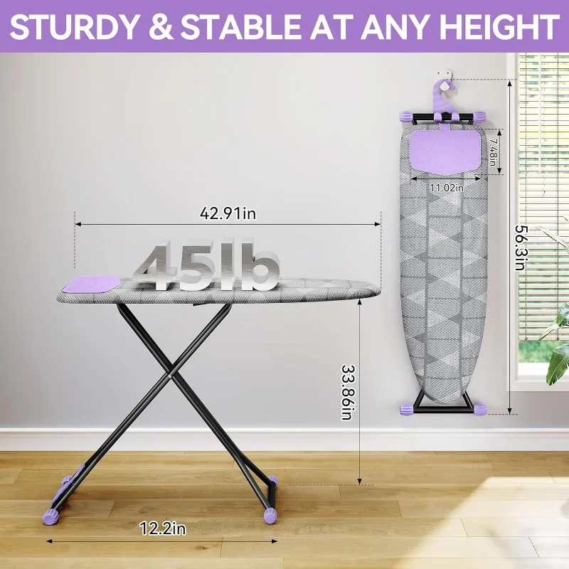 Ironing Board, Compact Iron Board with Silicon Iron Mat, Heat Resistant Cover, 7 Height Adjustable, Foldable Ironing Board