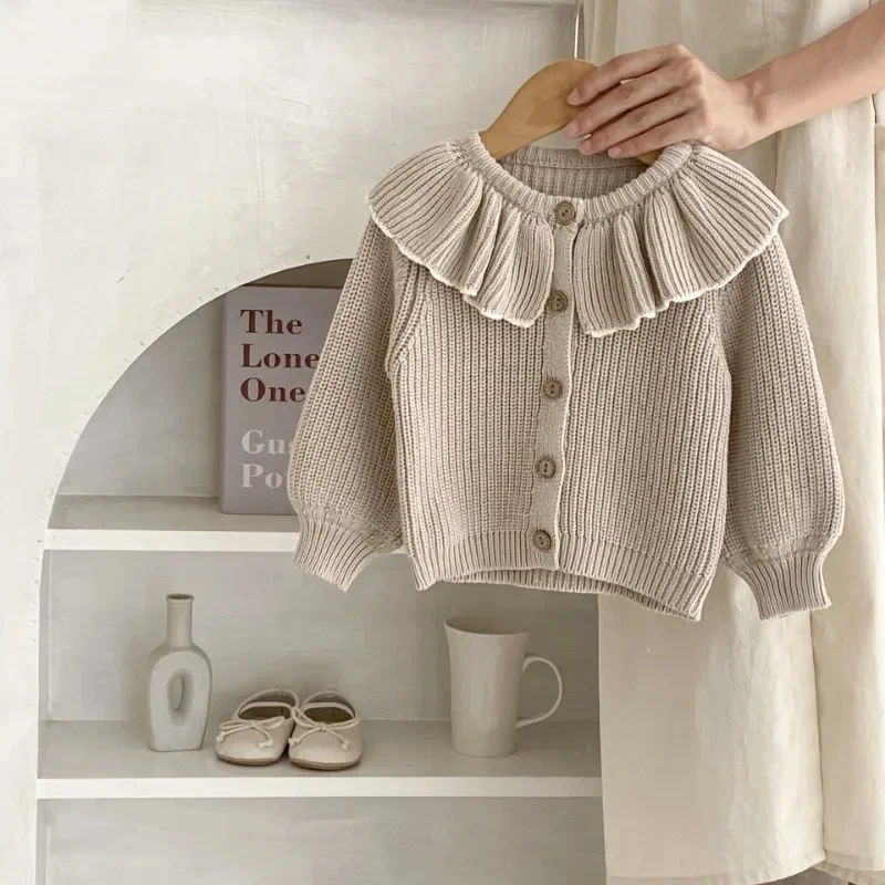 New Autumn 0-3Y Kids Girl Sweater Coat Solid Ruffle Patchwork Round Collar Single Breasted Knitted Tops Baby Cardigan E83272