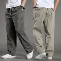 Spring Autumn New Men's Casual Pants Straight-Leg Pure Cotton Elastic Waist Loose-Fit Cargo Pants Plus Size