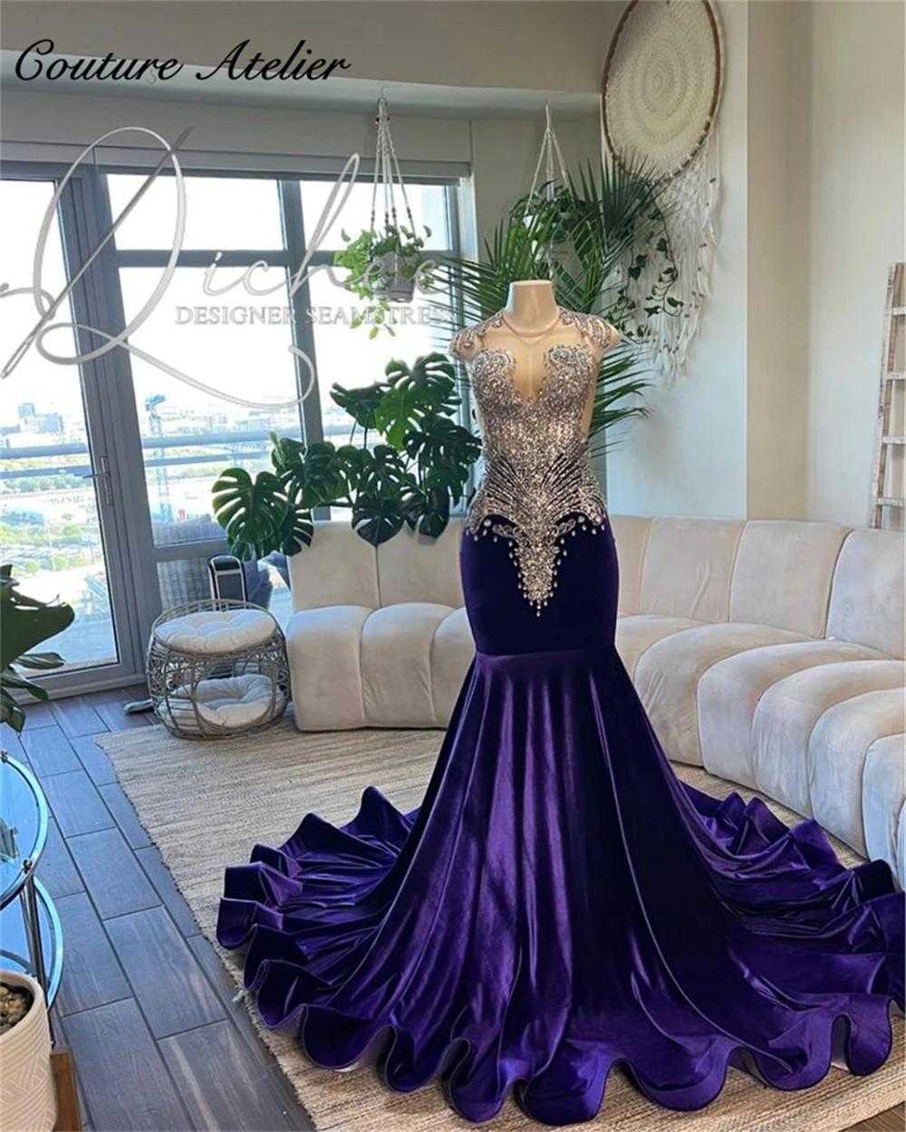 Velvet Purple Prom Dress Purple Velvet Sliver Crystal Beading Prom