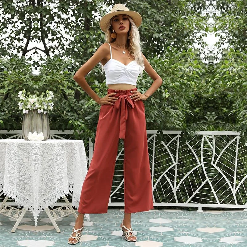 2023 New Arrival Women's Wide Leg High Waisted Cropped Trousers with Belt Female Fashion Elegant Loose Flare Ankle Pants Capris